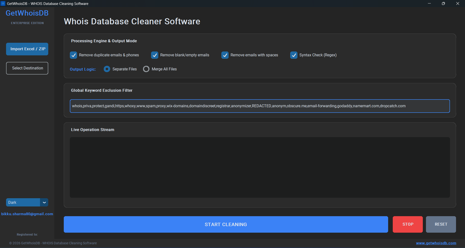 GetWhoisDB WHOIS Database Cleaner Pro Interface